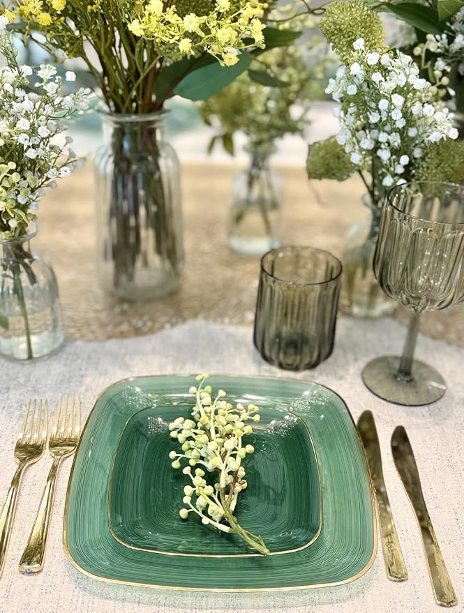 OCCASIONS 50 Green Disposable Dinner Plates (25 Guests) - Fancy Square Heavy Duty Plastic Dinnerware Set with Gold Rim for Wedding Party, 25x10" + 25x7" Salad/Dessert, BPA Free, Belize in Green & Gold