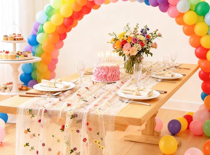 FEXIA Spring Table Runner 10FT Floral Gauze Mesh Garden Tea Party Decorations Romantic Dining Table Decoration for Easter, Weddings, Birthday Valentine’s Day Living Room Styling Home Decor