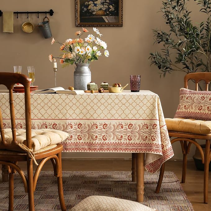 ISAENNE Designer Linen Small Square Tablecloth,55"x55"-Chamonix A | Vintage Elegant Plaid Print Beautiful Heavy Table Cloth,Chinoiserie,Dining Room,Tea Party,Kitchen,Thanksgiving,Decor