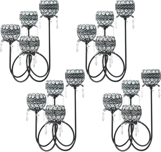 4 Arms Crystal Candelabra Tealight Holder - Tall 15.7 Inch Elegant Centerpiece with Crystal Pendant Bowls & Artistic Metal Stand for Wedding, Dining Table, Home Decor (4, Black)