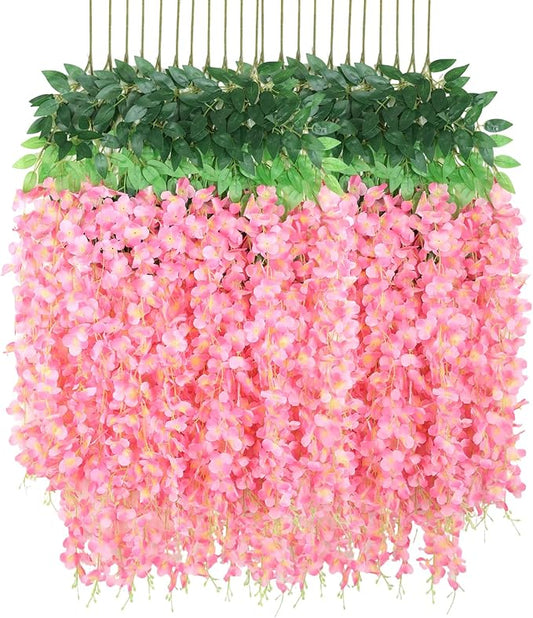 12 Pack Wisteria Hanging Flowers, Fake Hanging Flowers, 3.61 Ft Artificial Flower Vines Strings, Silk Wisteria Flowers for Home Wedding Arch Backdrop Outdoor Party Garden Yard Decor (Pink)