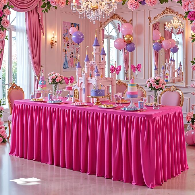 Wish Care 6 Pack Hot Pink Rectangle Table Clothes for 8 Foot Tables, Polyester Fitted Tablecloths 8ft Stretch Table Cover for Wedding, Birthday, Parties, Trade Show, Craft Show