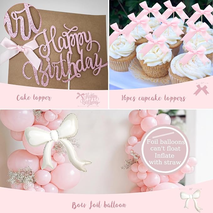 Pink Bow Birthday Decorations, Bow Coquette Birthday Party Supplies, Includes Backdrop, Hanging Garland, Foil Fringe Curtain, Cake Toppers, Balloon Garland, Tablecloth, Cupcake Toppers, Foil Balloon