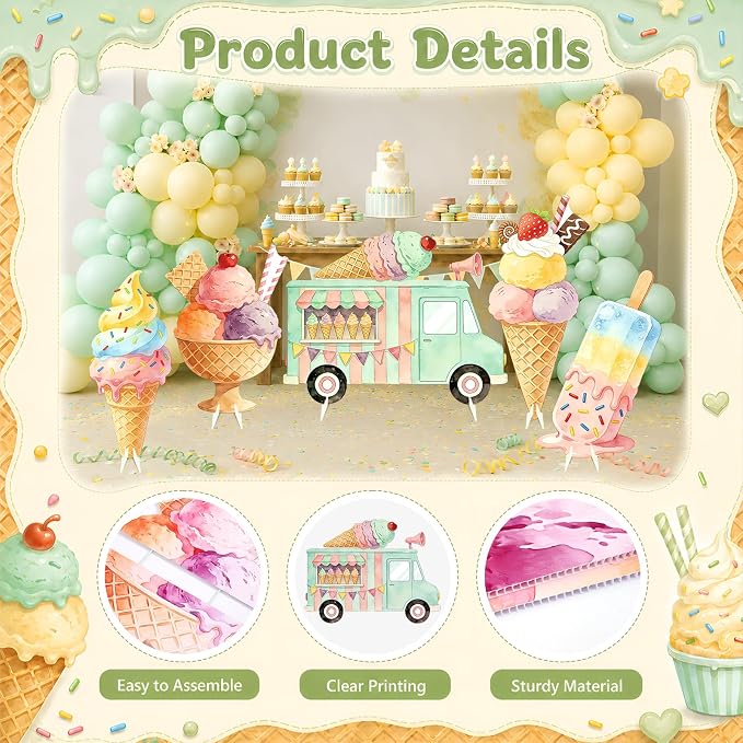 5 PCS 20" Ice Cream Cardboard Cutouts for Birthday Party Decorations, Large Sweet Theme Outdoor Yard Signs, Ice Cream Truck & Cone Standee for Candy Land Party Photo Booth Props Backdrop