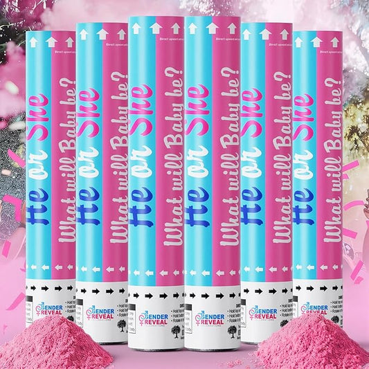 6Pack pink Gender Reveal Confetti smoke Powder Cannon, Confetti and Powder Poppers | Ideal for Baby girl Gender Reveal Decoration and party
