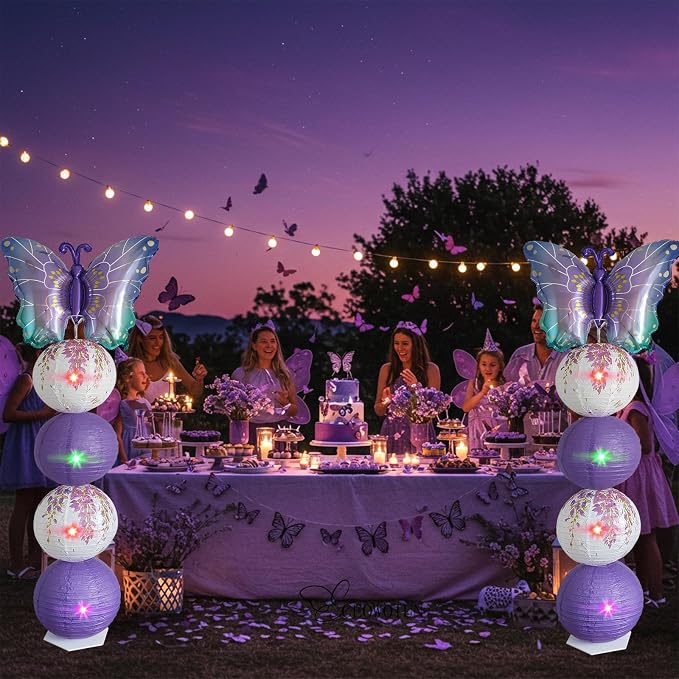 Purple Butterfly Balloon Column Stand Kit And Paper Lantern 2 Sets 5.7 Feet with Reusable Metal Telescopic Design for Butterfly Parties, Birthday Decorations,Wedding