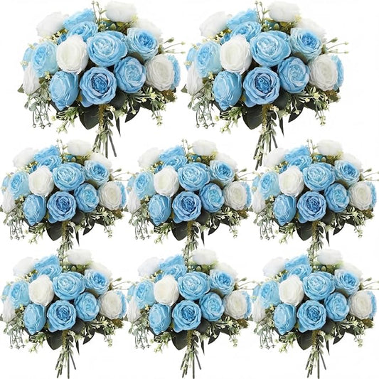 Geosar 8 Bundles Artificial Peonies Flowers Fake Silk Peony Bouquet Faux Peonies Flowers Bulk for Decoration Vase Floral Arrangements Wedding Party Table (Blue,White)