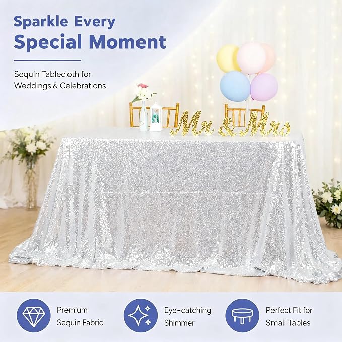 ShiDianYi Silver Sequin Tablecloth 50x72, Sparkly Glitter for Wedding Party | Full Dense Sequin, Serged Edges No Falling, Seamless Mesh, for 4FT Table, Wedding Birthday Outdoor Christmas