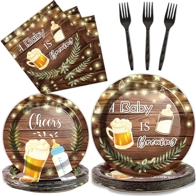 96Pcs A Baby is Brewing Baby Shower Party Supplies Set Plates Napkins Tableware Kit for Birthday Party Paper Tableware Set Table Decorations Favors Serves 24 Guests with Forks