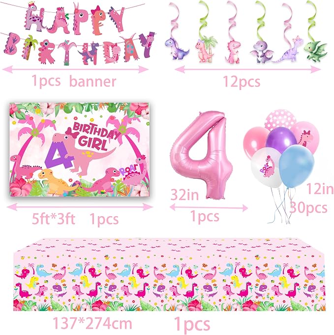 Dinosaur 4th Birthday Decorations for Girls,Roar Im Four Birthday Decoration，Roar Im 4 Pink Dinosaur Party Decor Supplies include Backdrop, Banner, Plates