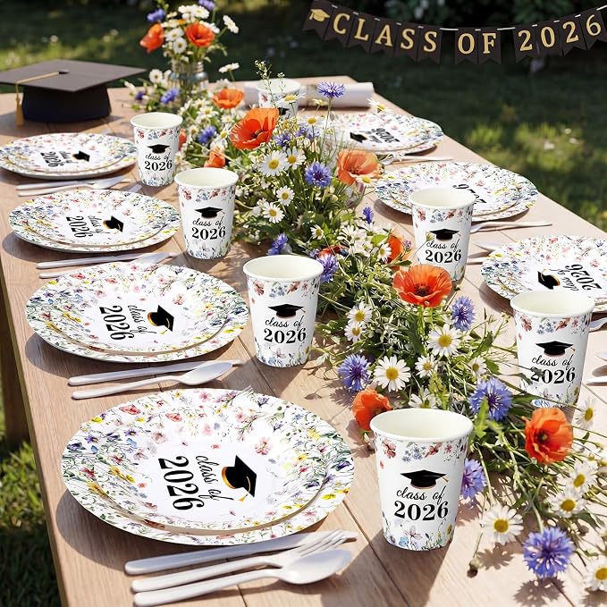 Hsei 250 Pcs Wildflower Graduation Disposable Plates and Napkins Floral Congrats Grad Disposable Tableware Set for 50 Guests Wildflower Paper Plates Napkins Cups for Girls Nurses Graduation Party