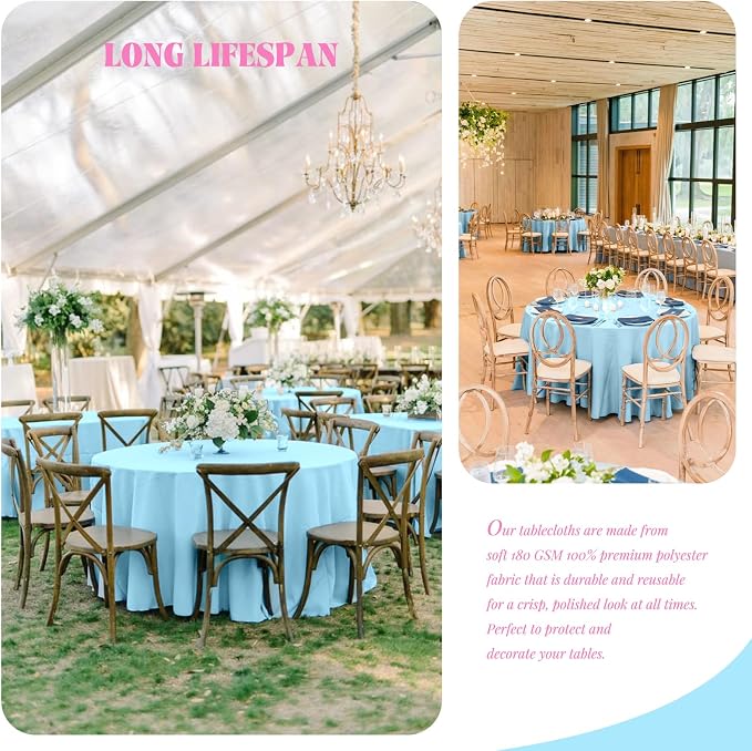 Showgeous 12 Pack Light Blue Round Tablecloth 90 Inch Polyester Table Cloth for Round Tables Washable Decorative Fabric Table Covers for Wedding Dining Party