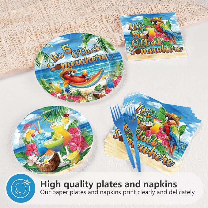 96 Pcs Hawaiian Tropical Luau Party Decorations Summer Parrot Drinks Plates and Napkins It's Five O'Clock Somewhere Tableware Set for Hawaii Summer Beach Holiday Party Supplies, Serves 24