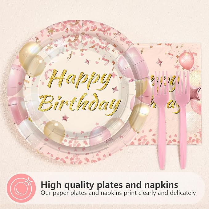 96Pcs Blush Beige Birthday Party Decorations Boho Dusty Pink Plates and Napkins Pink Rose Gold Glitter Happy Birthday Tableware Set for Women Girls Bridal Shower Wedding Party Supplies, Serves 24