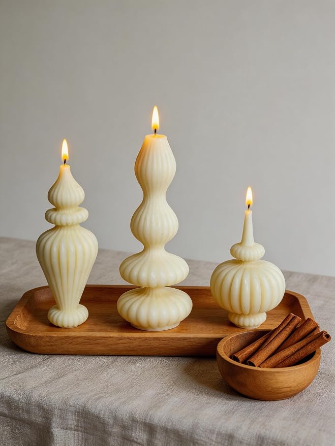 Set of 3 White Pillar Candles Soy Wax Scented Ribbed Candles for Home Decor, Housewarming Gift, Shelf & Table Decor - Aesthetic Modern Candles Set