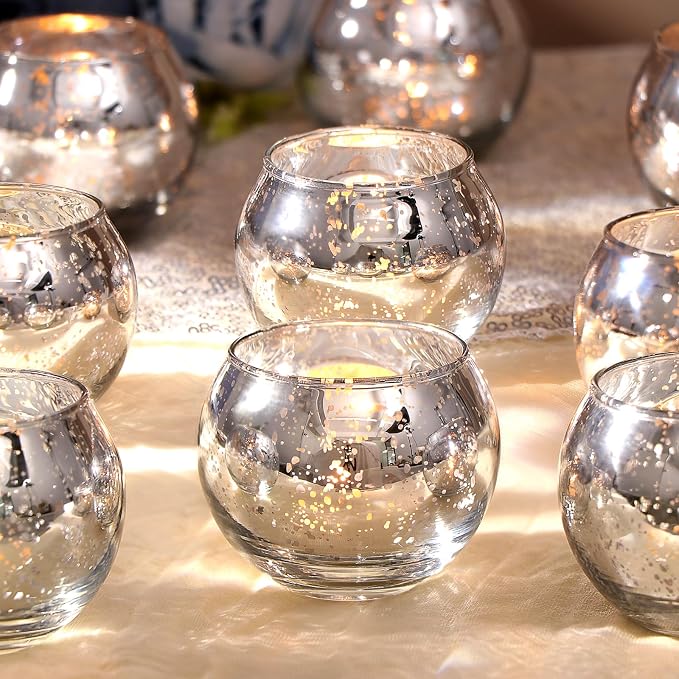 Silver Votive Candle Holders Set of 12 - Mercury Glass Votives Candle Holder - Christmas Tealight Candle Holder for Home Decor and Weddings/Parties Table Centerpieces
