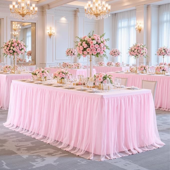 4 Pack 8ft Pink Tablecloths for Rectangle Tables, 8 Foot Pink Rectangular Table Cloth, Wrinkle Free Table Cover with Tutu Skirt for Baby Shower Girls Birthday Party Banquet Buffet Cake Decorations