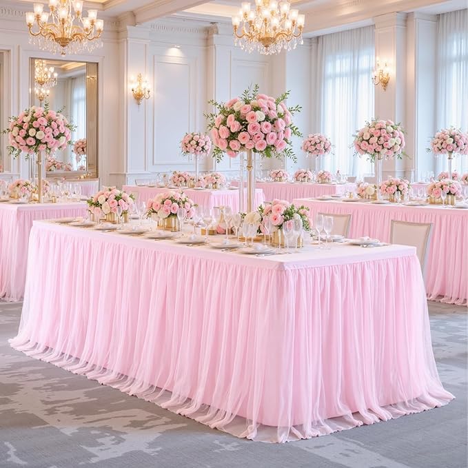 Suppromo 2 Pack 6ft Pink Tablecloths for Rectangle Tables 72 x 30 Inch Pink Rectangular Table Cloth, Wrinkle Free Table Cover with Tutu Skirt for Baby Shower Birthday Party Banquet Buffet Cake