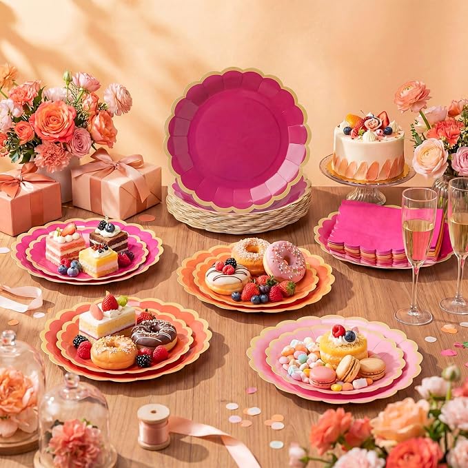 Zhehao 150 Pcs Pink and Orange Plates and Napkins Tableware Serves 50 Includes 9 Inch 7 Inch Pink and Orange Scalloped Paper Plate and Napkins for Wedding Birthday Baby Shower Party