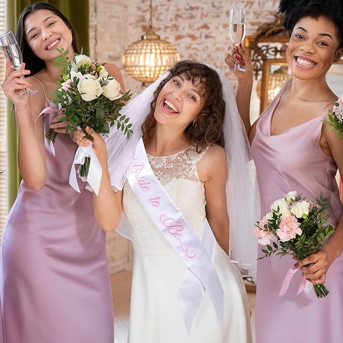Embroidered Bride to Be Sash Double-Layer Satin Sash Bridal Shower Hen Night Bachelorette Party Accessories(White)