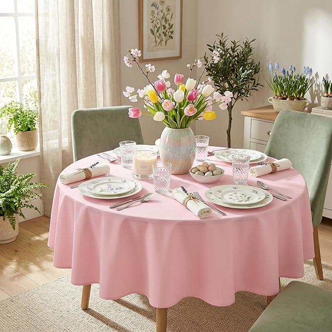 sancua Round Tablecloth - 70 Inch - Water Resistant Spill Proof Washable Polyester Table Cloth Decorative Fabric Table Cover for Dining Tables, Buffet Parties and Camping, Pink