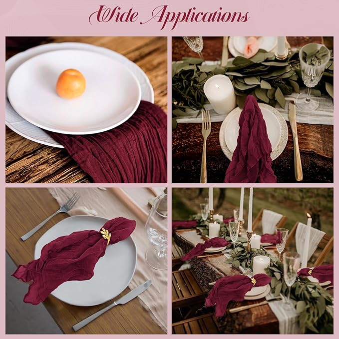 60 PCS Burgundy Gauze Cheesecloth Napkins,20x20 Inch Gauze Napkin Rustic Wrinkled Cheesecloth Napkin Bulk Washable Dinner Table Napkins for Wedding Party Bridal Shower Baby Shower Events Decor