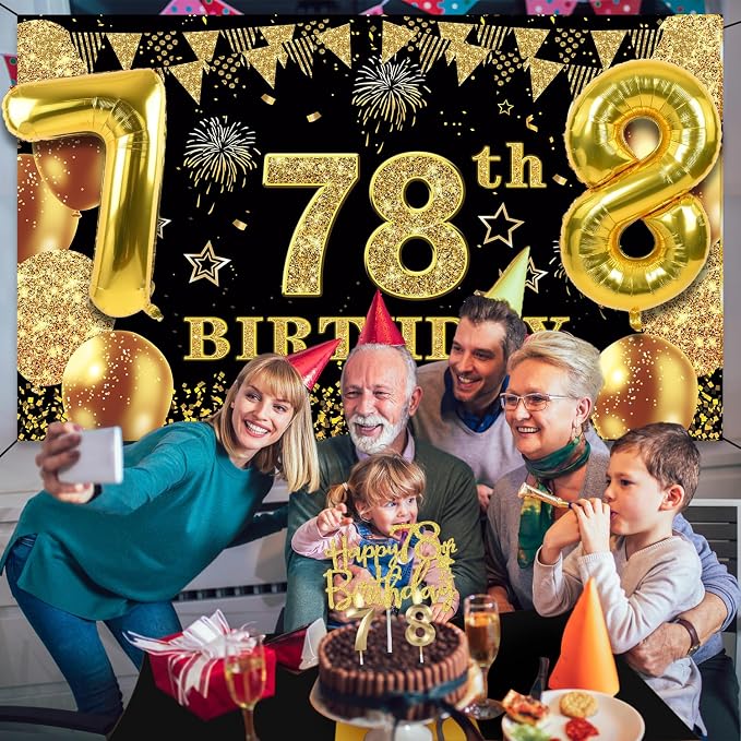 78th Birthday Decorations Men Women with 78th Birthday Banner, Black and Gold Table Cloth, Number Balloons,Sash, Cake Topper and Candles