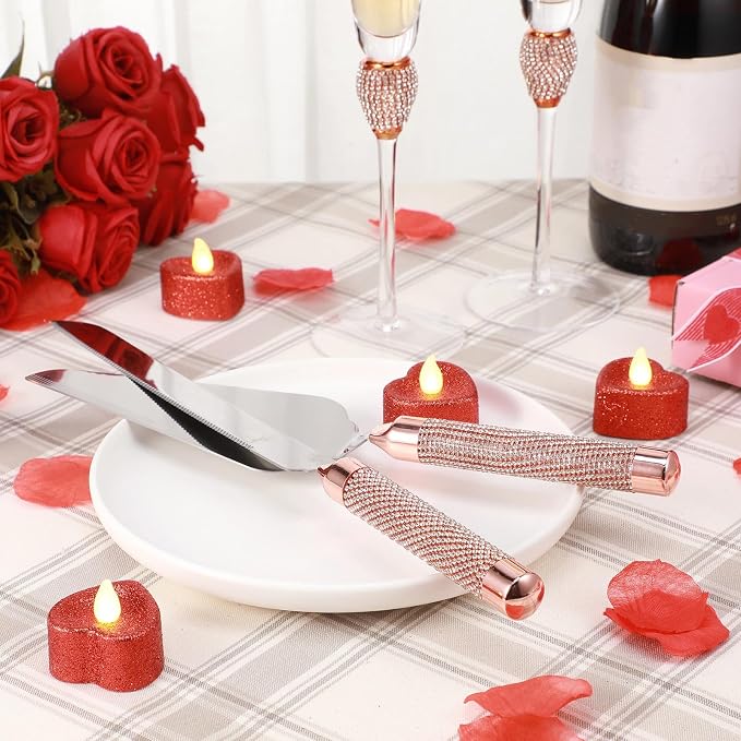Boao 4 Piece Mr and Mrs Champagne Flutes and Cake Knife Server Set Crystal Wedding Toasting Flutes Rhinestone Cake Cutting Set for Bride and Groom Wedding Engagement Bridal Shower Gifts(Rose Gold)