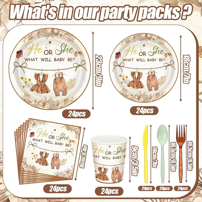 168 Pcs Boho Clothes Gender Reveal Party Favors Neutral Gender Reveal Plates and Napkins Sets He or She Baby Shower Party Supplies Disposable Tableware Set Serve 24