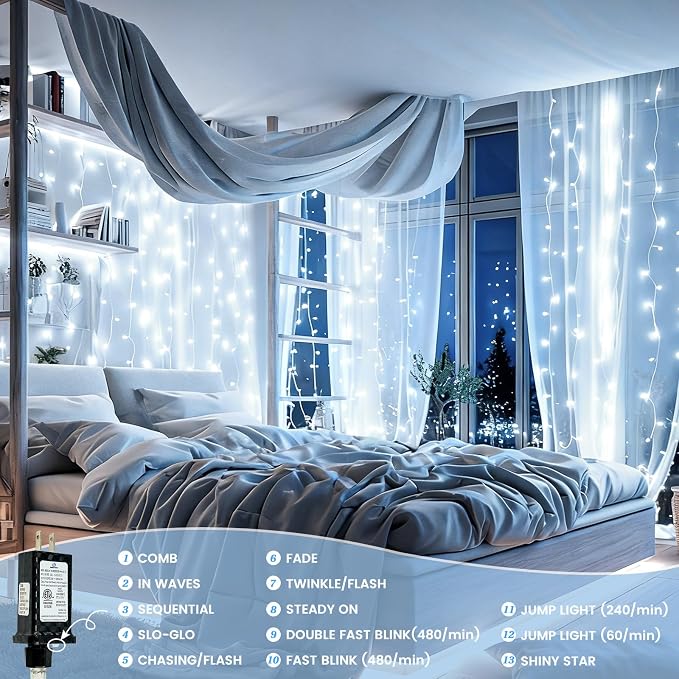 Connectable 2Pack String Lights Indoor, 66FT 200LED String Lights, 13Modes Twinkle Fairy Lights Plug in Outdoor Waterproof, Cool White Clear Wire Light for Christmas Tree, Wedding Yard, Party Decor