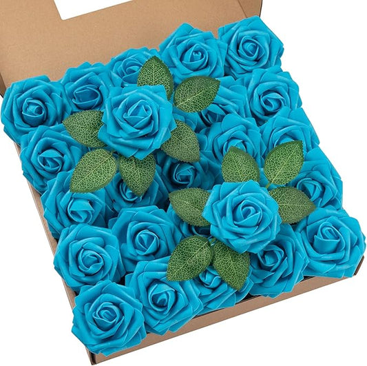 DuHouse 25Pcs Artificial Roses Flowers Fake Roses with Stems Real Touch Foam Flowers for DIY Wedding Bouquet Party Centerpiece Floral Arrangement Party Home Decor(Middle Blue)