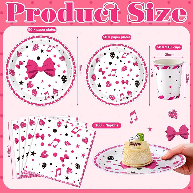 Domensi 250 Pcs Pink Cartoon Birthday Decorations Serves 50 Guests Pink Cartoon Theme Tableware Set Include Disposable Paper Plates Napkins and Cups for Baby Shower Party Supplies