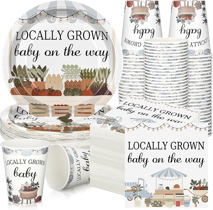 Hushee 200 Pcs Locally Grown Baby Shower Paper Plates Napkins Cups Baby Shower Party Supplies Tableware Set Disposable Cup Napkin for 50 Guest Party Decoration