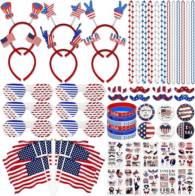 136PCS 4th of July Accessories - Patriotic Party Pavors Fourth of July Supplies USA Themed Decoration Memorial Independence Day American Flag Headband Shutter Glasses Tattoo Sticker Necklace