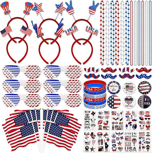 136PCS 4th of July Accessories - Patriotic Party Pavors Fourth of July Supplies USA Themed Decoration Memorial Independence Day American Flag Headband Shutter Glasses Tattoo Sticker Necklace