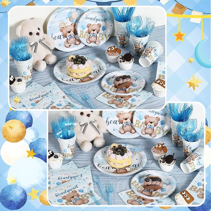 350pcs Bear Baby Shower Decorations for 50 Guests Party Supplies for Boy Include Paper Plate, Napkin, Cup and Disposable Plastic Tableware