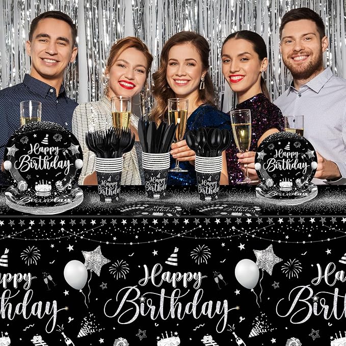 Vesici 171 Pcs Happy Birthday Party Supplies 24 Set Disposable Party Tableware include Plates Cups Napkins Cutlery and Banner Tablecloth Birthday Dinner Decorations for Men Woman(Black, Silver)