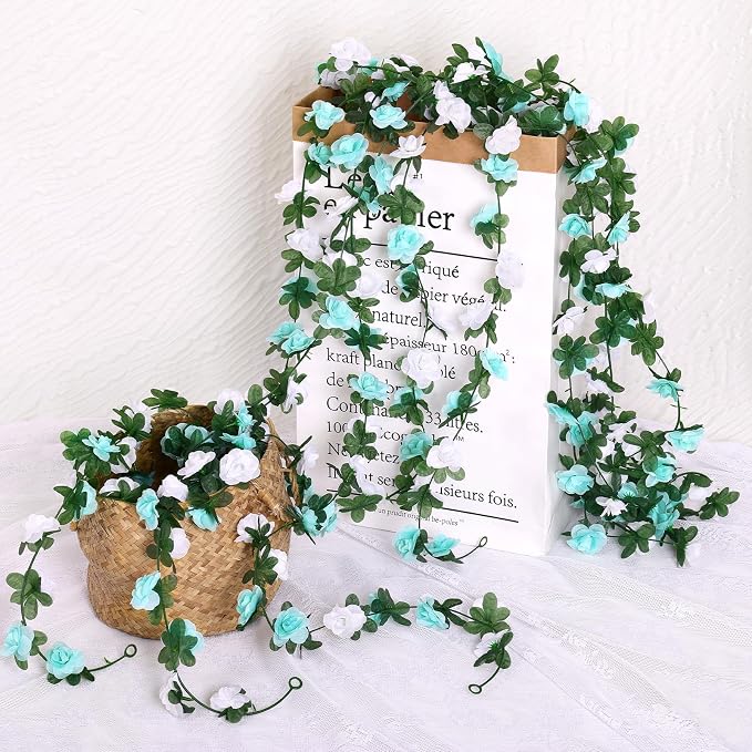 KHOYIME 9 Pack 72 FT Artificial Flower Garland, Fake Blue White Roses Vines Silk Flowers Faux Plastic Outdoor Hanging Floral Ivy Garland Decoration for Wedding Arch Bedroom Home Wall Backdrop Decor