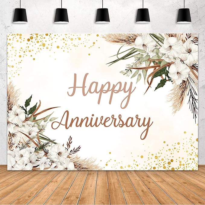 MEHOFOND Boho Happy Anniversary Backdrop White Floral Bohemia Pampas Grass Anniversary Banner Cheers to Marriage Wedding Party Decorations Memorial Portrait Photo Booth Background 8x6ft