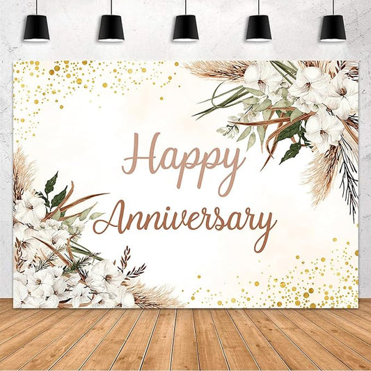 MEHOFOND Boho Happy Anniversary Backdrop White Floral Bohemia Pampas Grass Anniversary Banner Cheers to Marriage Wedding Party Decorations Memorial Portrait Photo Booth Background 8x6ft