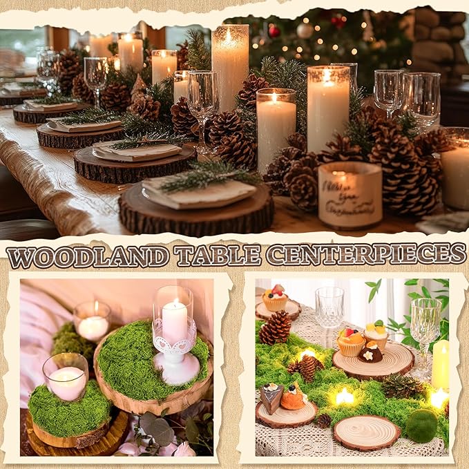 Nuanchu 7 Pack Wood Table Centerpieces with Rustic Wood Slices and Artificial Fake Green Moss for Wooden Fairy Wedding Woodland Table Decor Ideal DIY Crafts (2.4-2.8'',5.1-5.5'',7.9-9.1'')