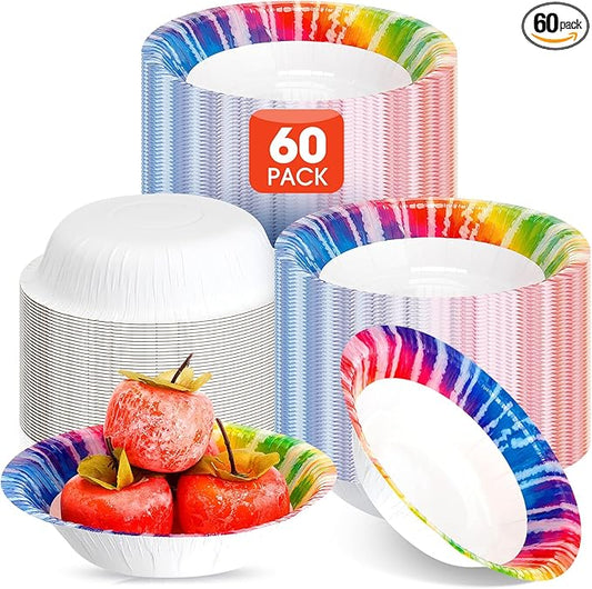 FillTouch 60 Pcs Tie Dye Paper Bowls Bulk 16 oz Party Supplies Disposable Paper Soup Bowls 7 Inches for Hot Cold Food Snack Milk Cereals Salads Dinner Birthday Rainbow Decorations