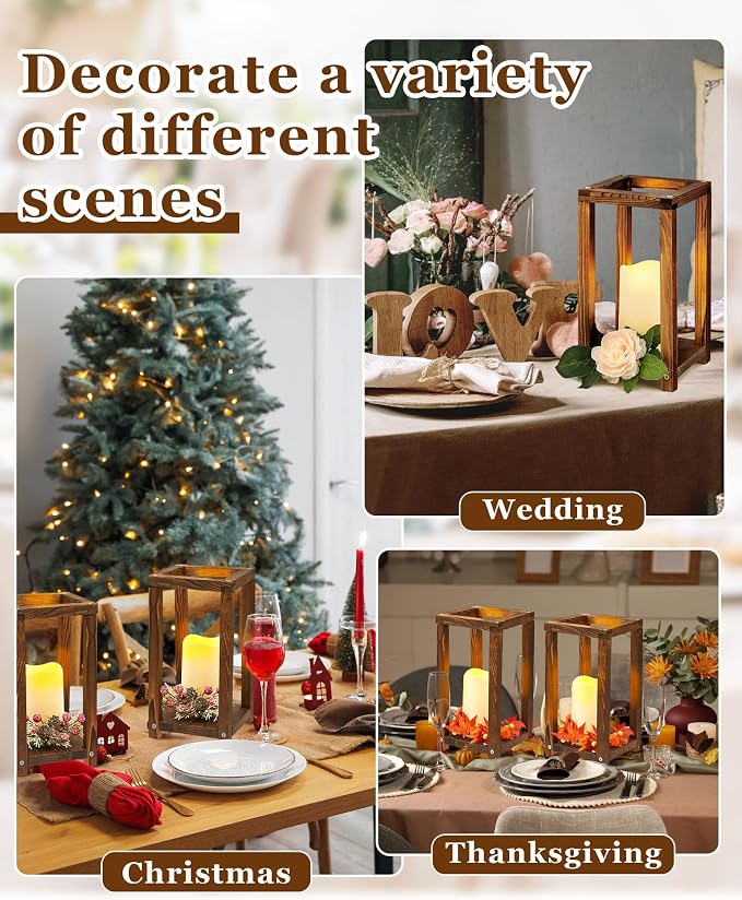 Huquary 8 Pcs Wooden Wedding Lantern Centerpiece for Table Decoration Includes 4 Farmhouse Candle Holder and 4 Flameless Decorative LED Candles for Rustic Home Wedding Decor(Dark Brown)