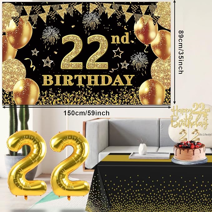 22nd Birthday Decorations Men Women with 22nd Birthday Banner, Black and Gold Table Cloth, Number Balloons, Large Sash, Cake Topper and Candles