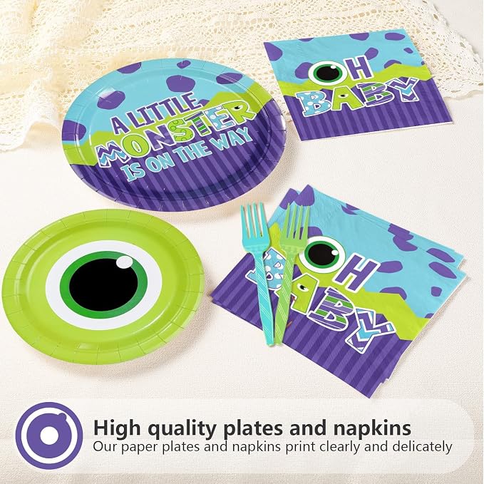 96Pcs Monster Baby Shower Party Supplies Monster Theme Party Plates and Napkins Disposable Green and Purple Cartoon Tableware Set for Kids Birthday Baby Shower Decorations Serves 24