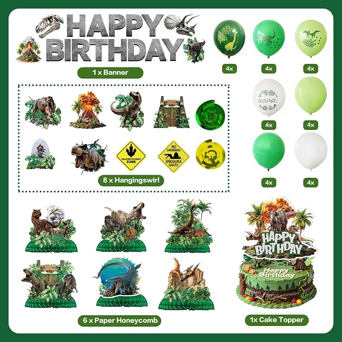 Dinosaur Birthday Decorations Dino World Party Decorations Tableware Set Include Dinosaur Balloons, Cake Topper, Hanging Swirls, Honeycomb, Banner Dino Party Supplies for Boys Kids Birthday Decor