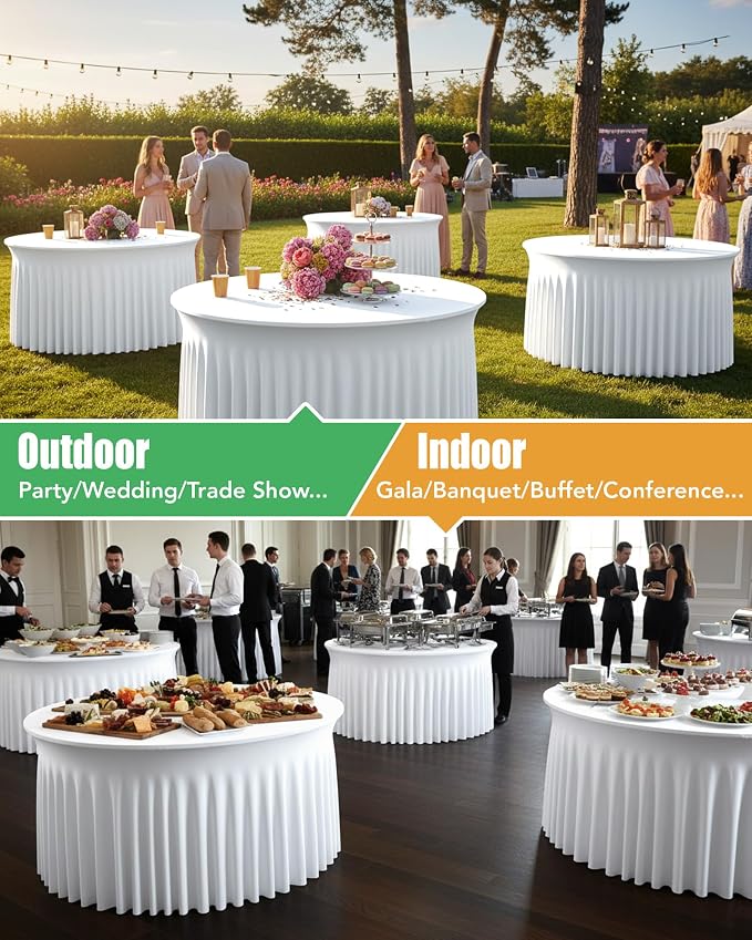 4 Pack Spandex Table Cover Skirts for 60 inch Round Tables, White Stretch Table Cloths with Floor-Length Ruffle, Elastic Fitted Skirted Tablecloth for Elegant Wedding Banquet Party Buffet Decoration