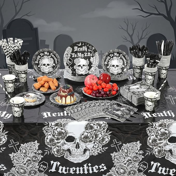 Funnymoom 452 Pcs Black and Silver Death to My 20s Decoration Serves 50, Rip 20s Paper Plates Napkins Cups Tablecloth Cutlery Straw for Men Women Death to My Twenties 30th Birthday Party Supplies