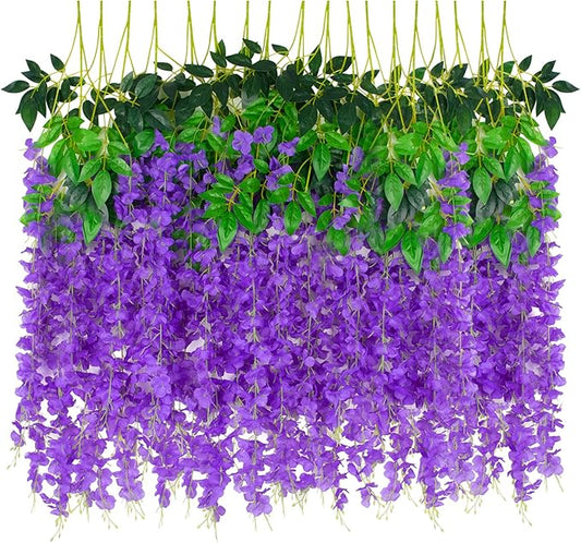 12 Pack Artificial Wisteria Hanging Flowers Fake Wisteria Flower Garland Silk Vines Rattan Decor for Home Wedding Arch Wall Garden Greenery Bedroom Outdoor Office Party Decoration (Purple)