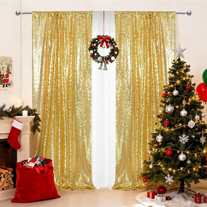 PartyDelight Gold Sequin Backdrop Curtains 2x8ft 2 Panels | 3mm stitched sequin curtain with 4 inch rod pocket for 2x8ft 2 panel doorway window side drape narrow photo booth strip